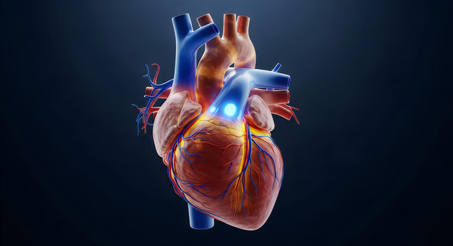 Illustration of a human heart with a pacemaker device implanted