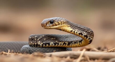 Fototapeta premium A venomous snake emerges from dry underbrush in a natural outdoor setting.