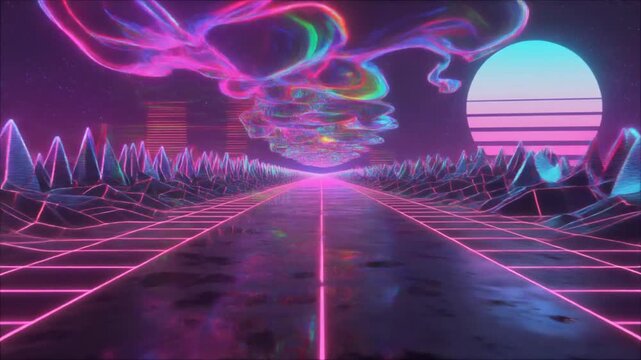 Retro Futurism Synthwave Grid Road Neon Sunset 80s Vibe Animation