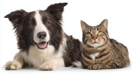 Fototapeta premium a border collie dog and a tabby cat sitting together, isolated on a white background.