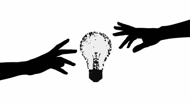 Two hands reach out towards a glowing lightbulb, symbolizing innovation and collaboration.