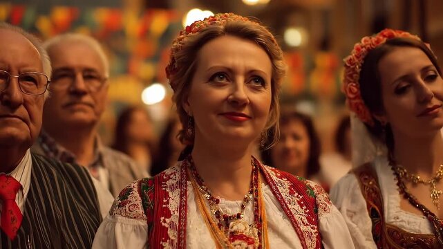 A woman in ornate traditional costume and beaded necklaces gazes upward with serene pride, warm festival lights softening the crowd behind her &mdash; cultural heritage and quiet, dignified joy