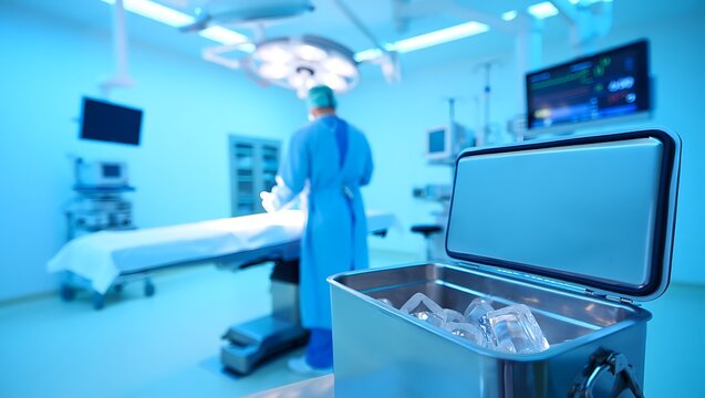Medical worker transports organ in cooler to truck for transplant surgery. Lifesaving donation delivery ensures patient care, emergency response, and successful hospital treatment process.