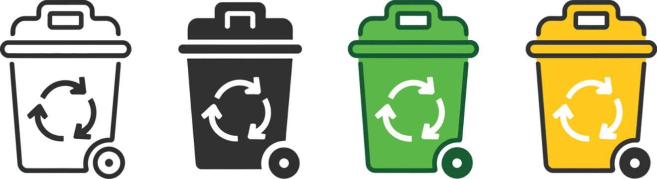 Recycle bin with wheel icon set, waste management and garbage sorting symbols, environmental sustainability and recycling