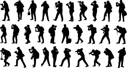 Fototapeta premium Black silhouette vector collection of professional photographers with cameras taking pictures in diverse poses isolated on a plain white background.