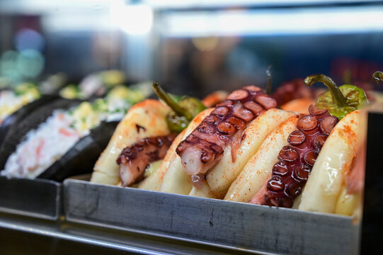Octopus tapa served in a street food restaurant in Spain