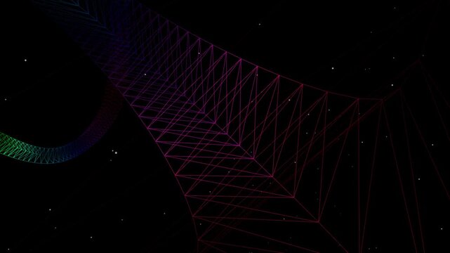 Flight through an infinite 3D tunnel of neon rainbow triangle wireframe on a black background with stars. Seamless retro-futuristic loop for music videos and intros.