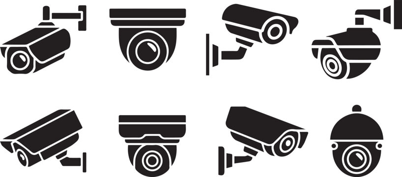 security camera icons featuring surveillance equipment and cctv systems for video monitoring and digital protection purposes