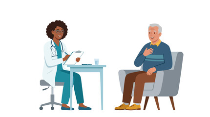 Fototapeta premium Doctor talks to elderly man sitting on a gray armchair indoors