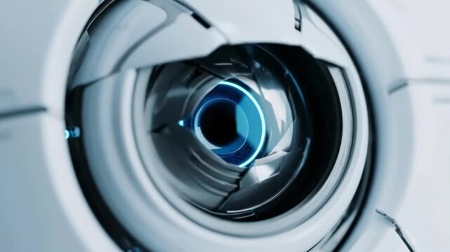 A close-up of a futuristic camera lens and optical module, revealing concentric metal rings and a glowing blue LED ring around a dark aperture, showcasing sleek mechanical details. Hightech