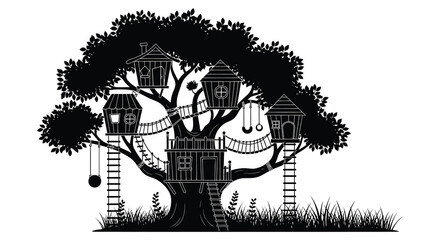 Detailed treehouse in a tree with swings and ladders silhouette high quality professional detailed modern elegant © mrvect02