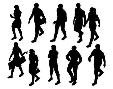 set of isometric people walking and standing  silhouette for architectural, lifestyle men and women, shopping, using phone. black shadow illustration.