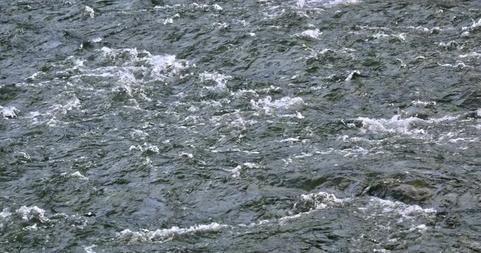 Close view flowing river water in slow motion with textured surface ripples eddies and white foam water energy Natural freshwater current movement creates an abstract dynamic background