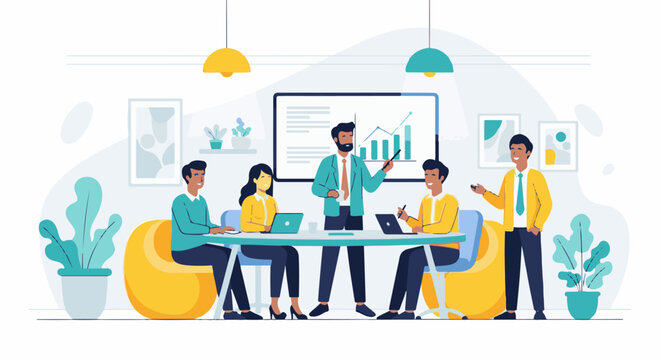 Professionals collaborating at a modern office meeting, discussing a presentation chart