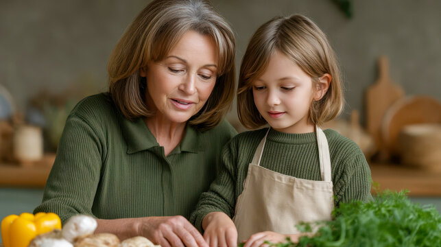 Grandmother teaches child to cook during family cooking lesson in cozy kitchen