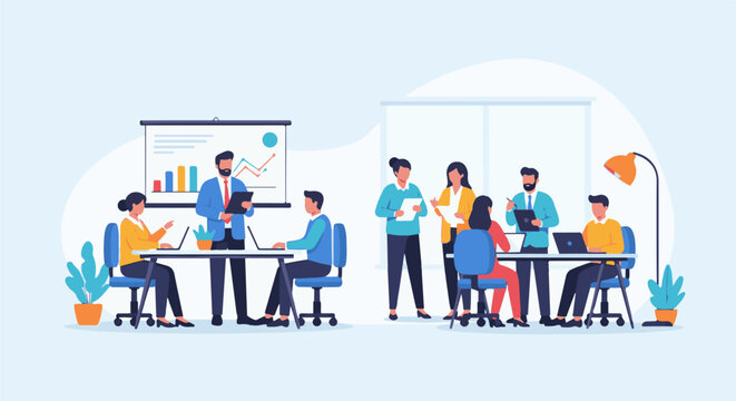 Professionals in a bright office setting collaborate on a presentation with charts and laptops
