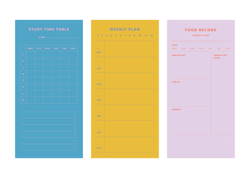 (summer) 3 set study time table, weekly plan, food record planner. Start today!