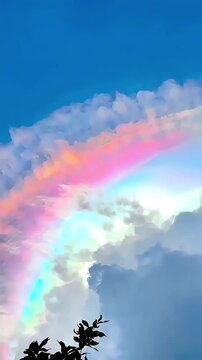 extreme close up of rare iridescent pileus cloud with rainbow colors blue sky
