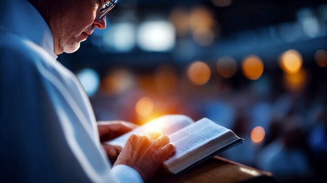 Spiritual church service with priest reading an open Bible in glowing light