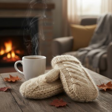 Cozy Knit Mittens and Steaming Coffee on Wooden Table near Fireplace