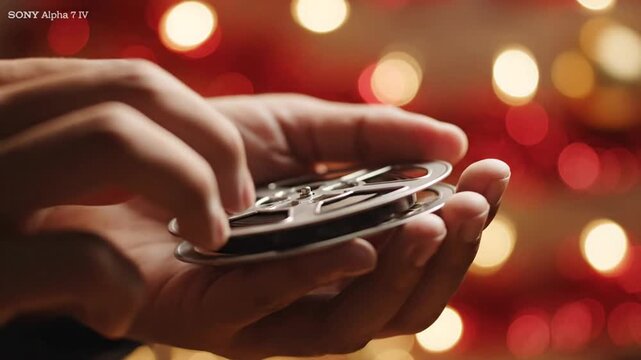 Hands holding film reels against warm blurred bokeh lights