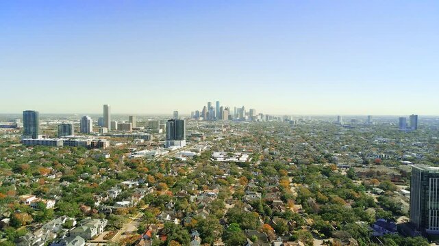 Zoon out aerial shot Houston River Oak overlooking Houston Downton Drone shot Montrose Houston Texas