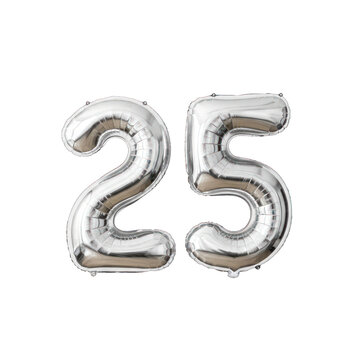 Silver foil balloons forming the number 25 for celebration.