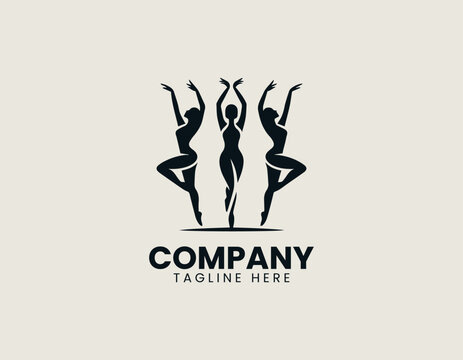 Three female dancers in synchronized pose silhouette vector logo isolated on white background