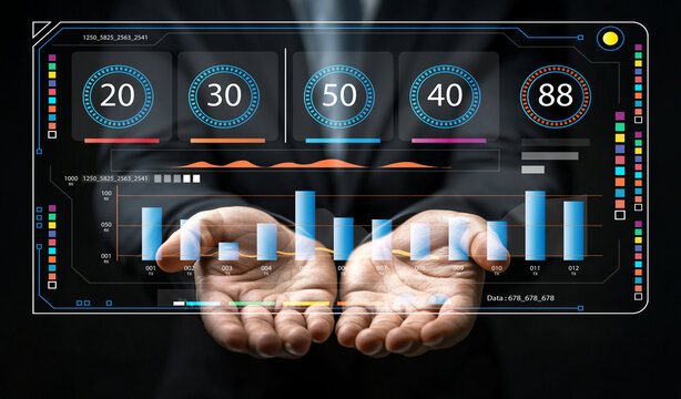 Businessman Wearing Suit Presenting High-Tech Graphical Interface with Analytics Data and Bar Charts in Hands Against Dark Background