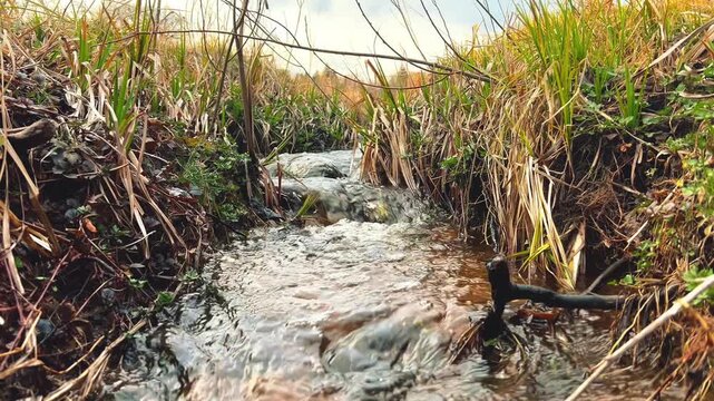 Low-angle shot of a bubbling creek moving through natural vegetation. Ideal for water quality reports, environmental conservation ads, and nature-themed background loops.
