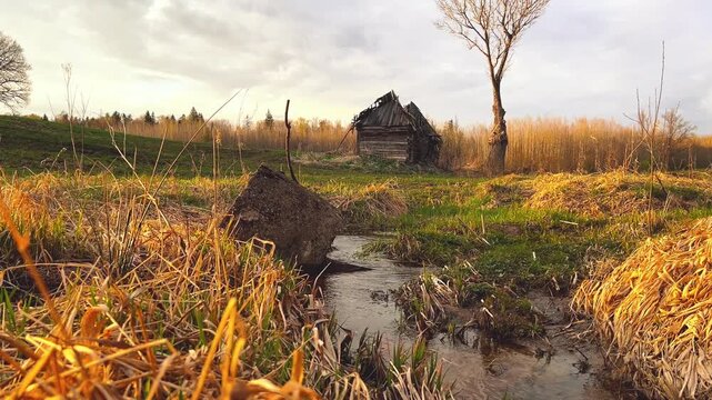 Wide shot of a dilapidated shack in a rural landscape with a creek and boulder. Useful for historical documentaries, real estate land promos, and cinematic storytelling.