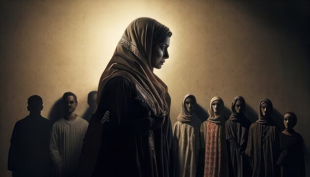 A woman in hijab stands out among a crowd of people.