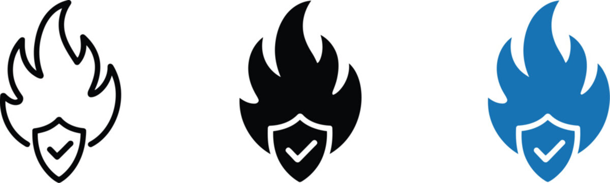 Secure fire icon set with shield protection, controlled flame and hazard warning symbols, fire safety and risk prevention pictogram collection, security guard and emergency safety