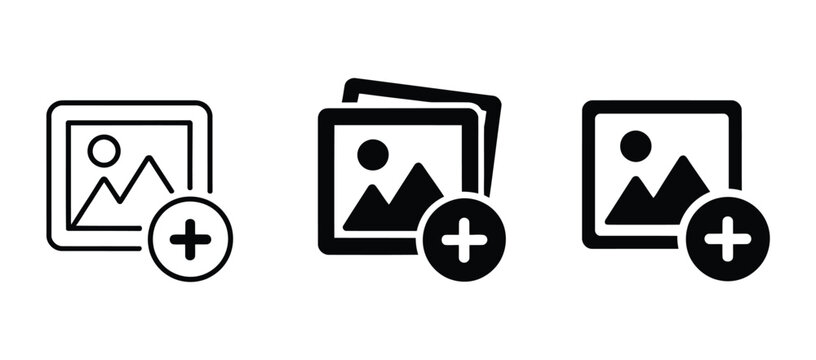 Add Image Icon Set, Upload Picture Symbol, Photo Gallery Button, Attach File Illustration, Media Upload UI Icons, Flat Design, Web and App Interface Elements Collection