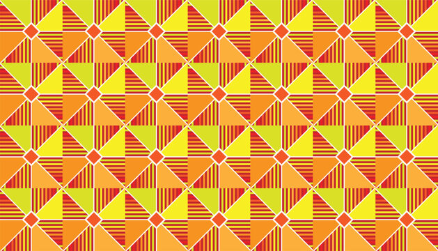Seamless geometric pinwheel pattern with vibrant orange, red, and yellow mosaic. Abstract warm vector background