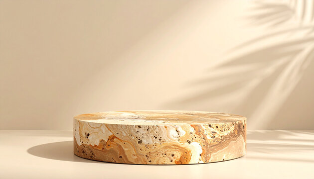 Travertine Marble Cylinder Podium with Palm Leaf Shadow on Warm Beige Background