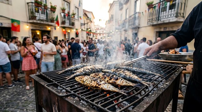 Sardines cooking on outdoor charcoal grill with people in background fish grilling