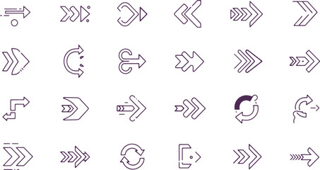 Fototapeta premium Abstract purple outline arrow and symbol icons on transparent background for graphic design.