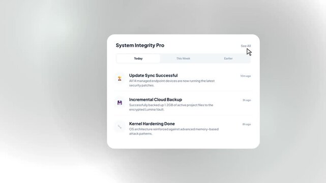 System integrity pro dashboard showing successful update sync and encrypted cloud backup completion