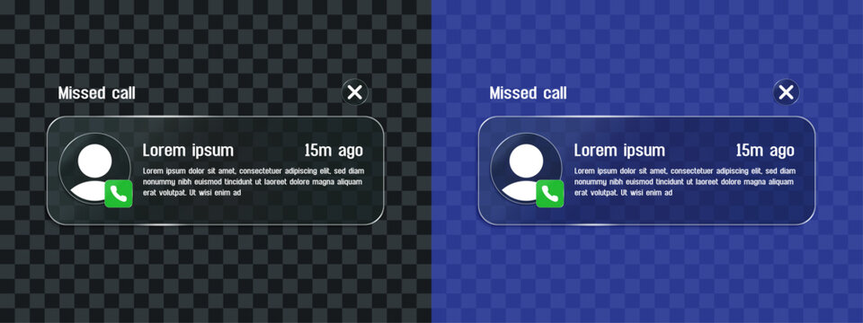 Missed Call Push Notification Popup UI Icon Set for Smartphone and Mobile Phone, Liquid Glass Style Call Alert Interface with User Profile and Accept Button, Transparent Background Vector Illustration