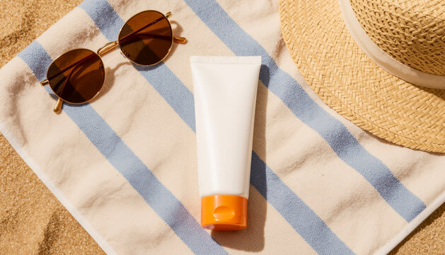 Crema solare, occhiali da sole e cappello di paglia su asciugamano da spiaggia