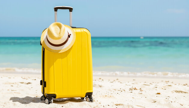 Valigia gialla con cappello di paglia sulla spiaggia tropicale
