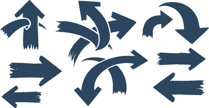 Collection of hand drawn thick blue arrows with rough brush strokes on transparent background vector.