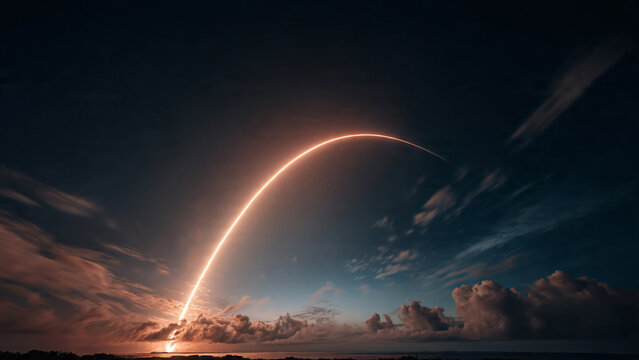 Long exposure of rocket launch trajectory forming bright orange arc against dark cloudy night sky, concept for space exploration, technology