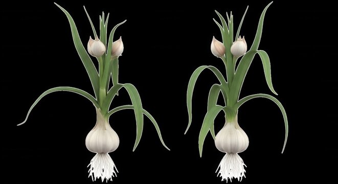 Two whole garlic bulbs with long green stalks and fibrous white roots isolated against a solid black background, studio