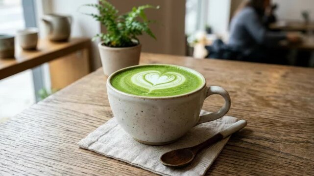 Green matcha latte close up, creamy beverage concept for cafe menu, wellness and modern food styling themes, rich froth and vibrant tea color in a clean appetizing composition with premium freshness,