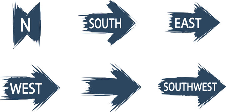 Directional arrows with compass points and text in distressed brush stroke style for navigation and communication.