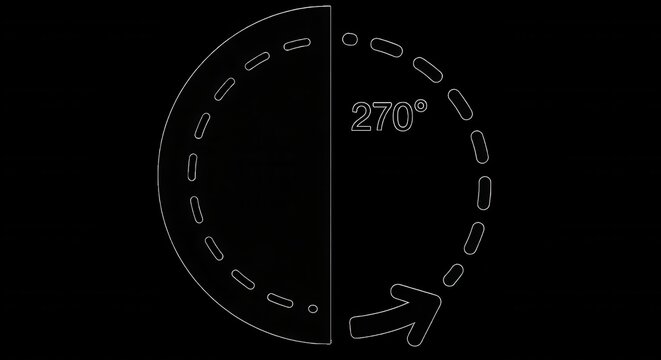 White outline of a 270 degree rotation symbol with a dashed circular path and an arrow indicating clockwise direction on a black background