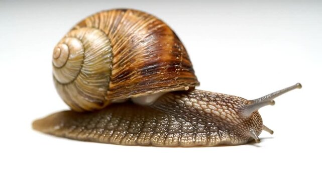 close up of slow moving snail on a white surface showing shell and body details