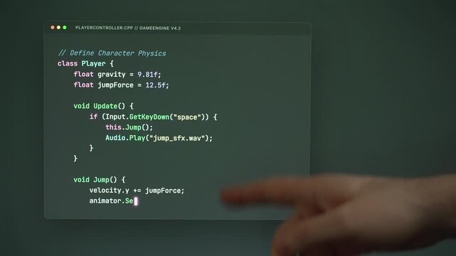 Person points at conceptual game physics code.